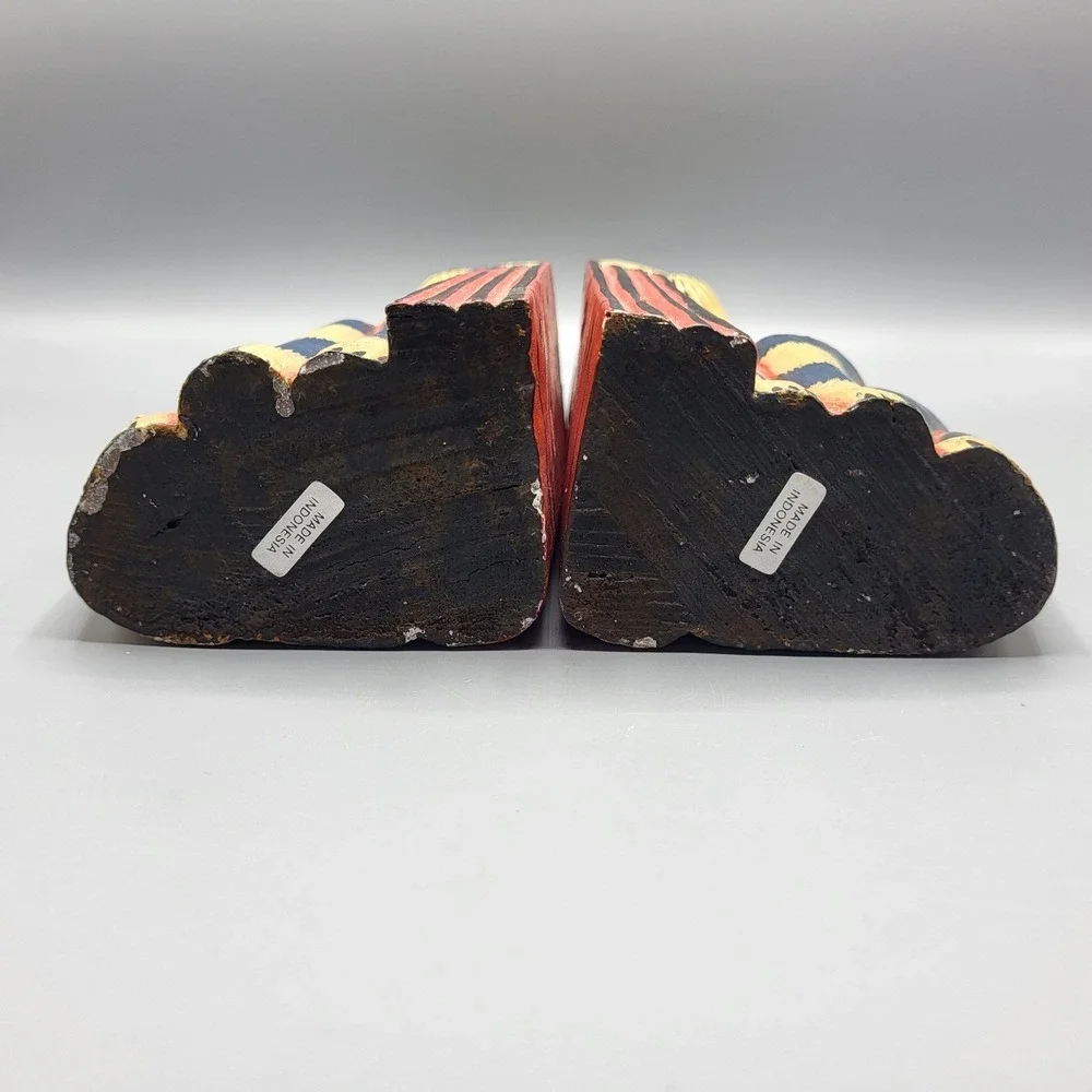 Wooden Cat Bookends Hand Painted Folk Art Colorful Shelf Decor Blue Yellow Red